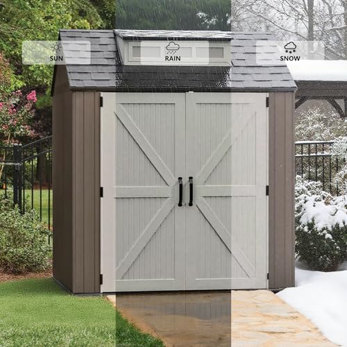 Large Resin Outdoor Storage Shed with Floor (7-10.5 Ft) - Weatherproof Double Wall Construction for Lawn Mowers, Garden Tools, Bike & Pool Supplies, Lockable (Brown, 7x7 FT)