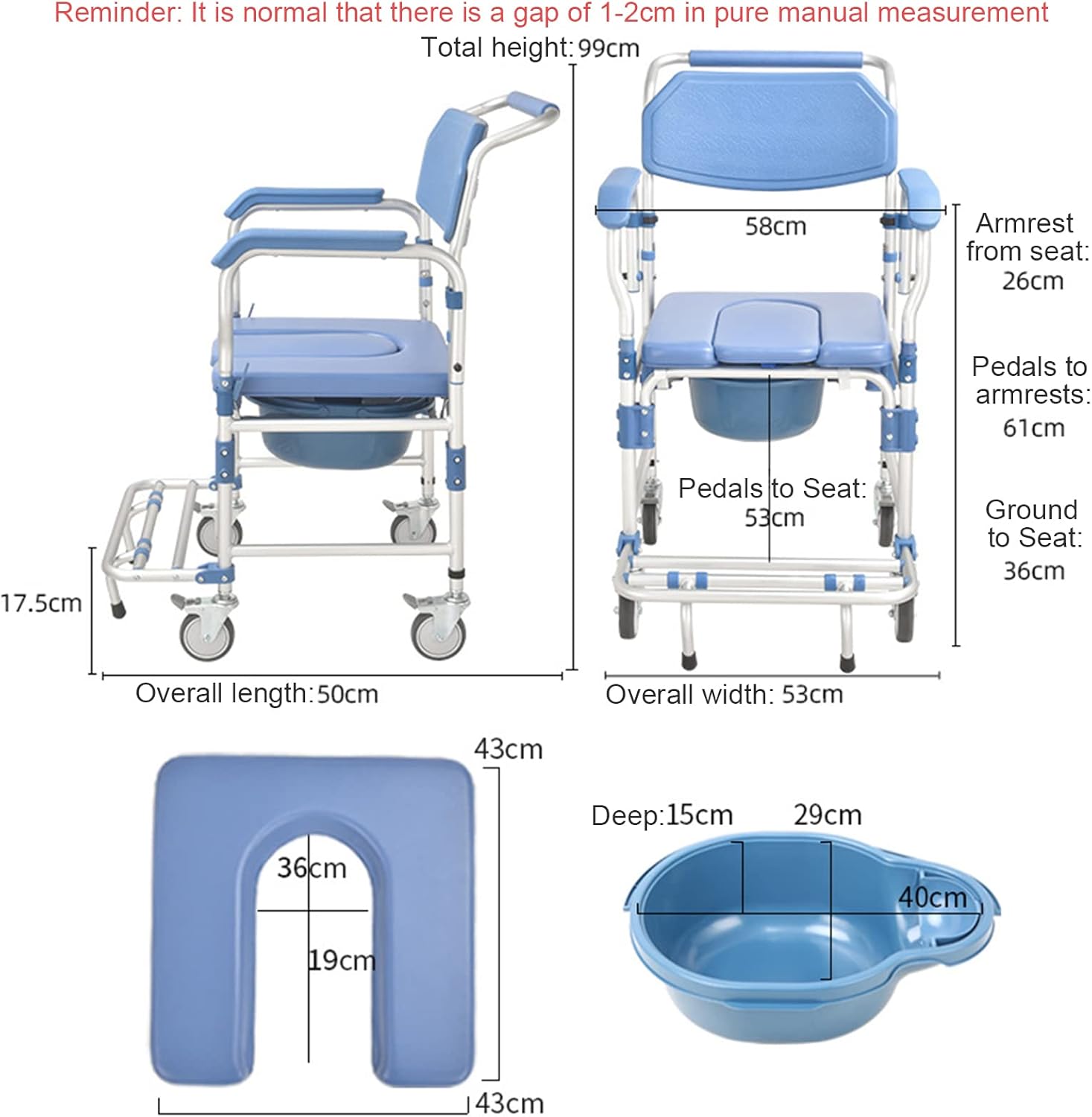 Rolling Showerchair, Wheelchair with Built-in Toilet, Wheelchair Shower Transport Chair/Bathroom Bath Stool for Elder, 4 Wheel Brakes(360°)