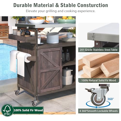 Outdoor Kitchen Island, Rolling Bar Cart & Storage Cabinet, Farmhouse Solid Wood Outdoor Grill Table with Stainless Steel Top, Spice Rack, Towel Rack for Kitchen & BBQ (Natural)