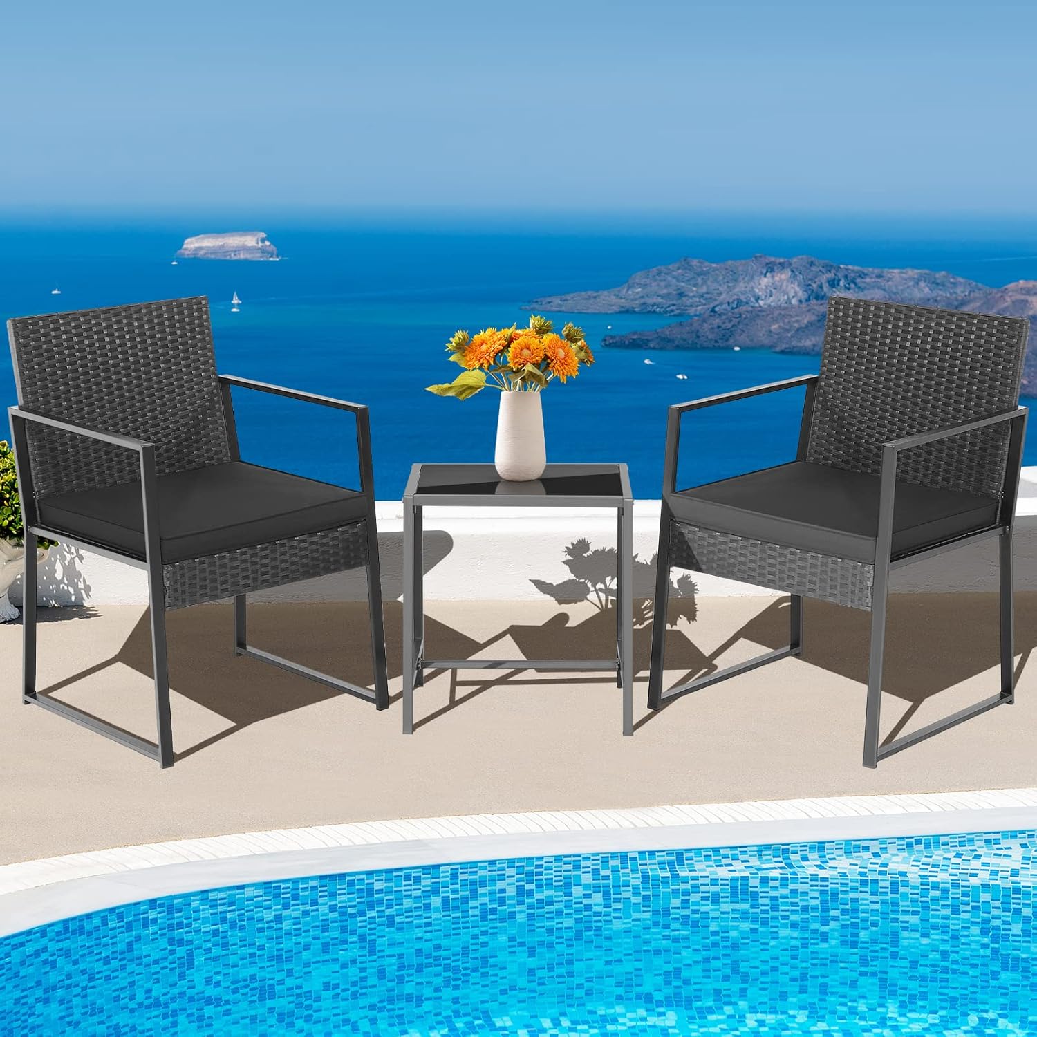 COSTWAY 3pcs Patio Furniture Set Heavy Duty Cushioned Wicker Rattan Chairs Table Outdoor Black