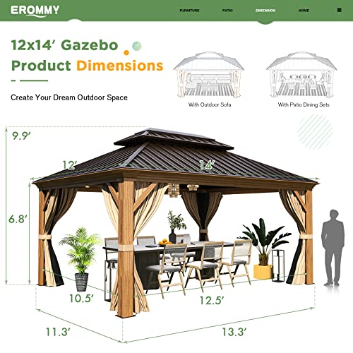 EROMMY 14'x20' Hardtop Gazebo Double Roof Galvanized Steel Canopy Outdoor Aluminum Frame Permanent Metal Pavilion with Netting and Curtains for Patio Backyard Deck and Lawns