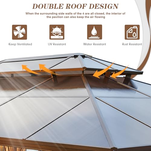 EROMMY 10' x 12' Hardtop Gazebo, Aluminum Frame Gazebos with Galvanized Steel Double Roof, Permanent Outdoor Metal Pavilion with Curtain and Netting for Patio, Lawn, Deck