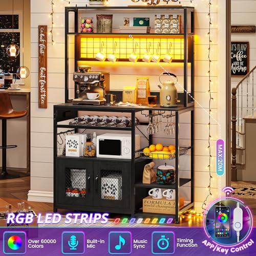 Kitchen Bakers Rack with Storage Shelves, Microwave Stand with Power Outlet and LED Light, Coffee Bar Cabinet Wire Basket Metal Grid Wine Rack Goblet Holder Hooks (Rustic Brown)