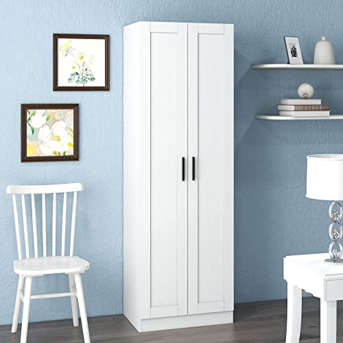 Panana Wooden Tall Storage Cabinet, Collection Food Pantry Cabinet Narrow Cabinet Free Standing with 2 Doors and Shelves (White-s, 45P)