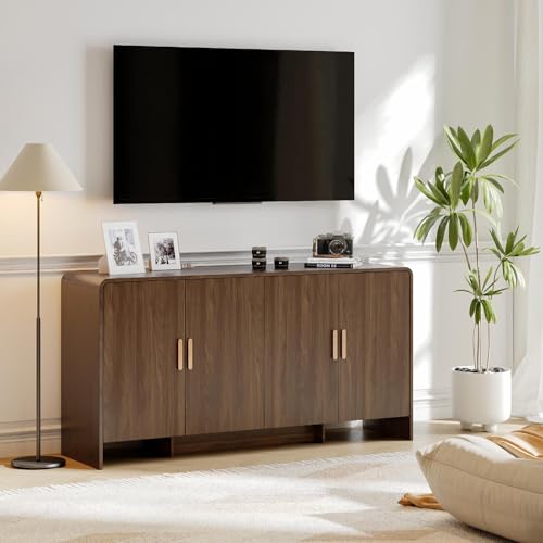 60" Sideboard Buffet Cabinet with Storage, Curved Design Farmhouse Coffee Bar Cabinet with 4 Doors & Adjustable Shelves for Living Room, Kitchen, Hallway, Walnut
