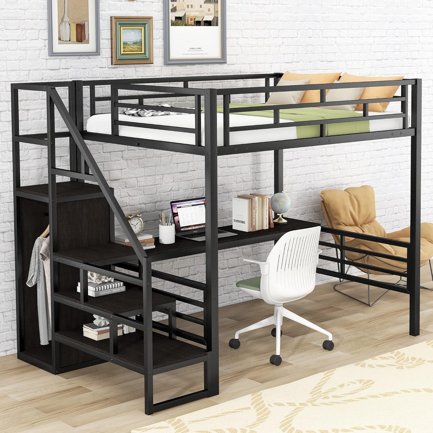 Multifunctional Design Full Size Metal Loft Bed with Desk, Convertible Storage Staircase and Small Wardrobe, Full-Length Guardrails on Upper Bed, 94.3" L x 56.5" W x 70" H Black