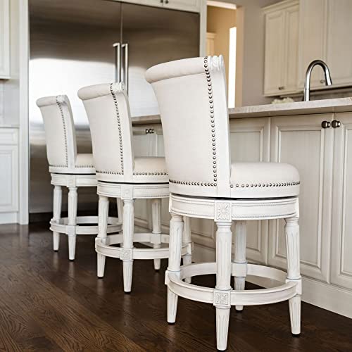 Maven Lane Pullman 31 Inch Tall Bar Height Upholstered Barstool with Back in Weathered Oak Finish with Sand Color Fabric Cushion Seat, Set of 3