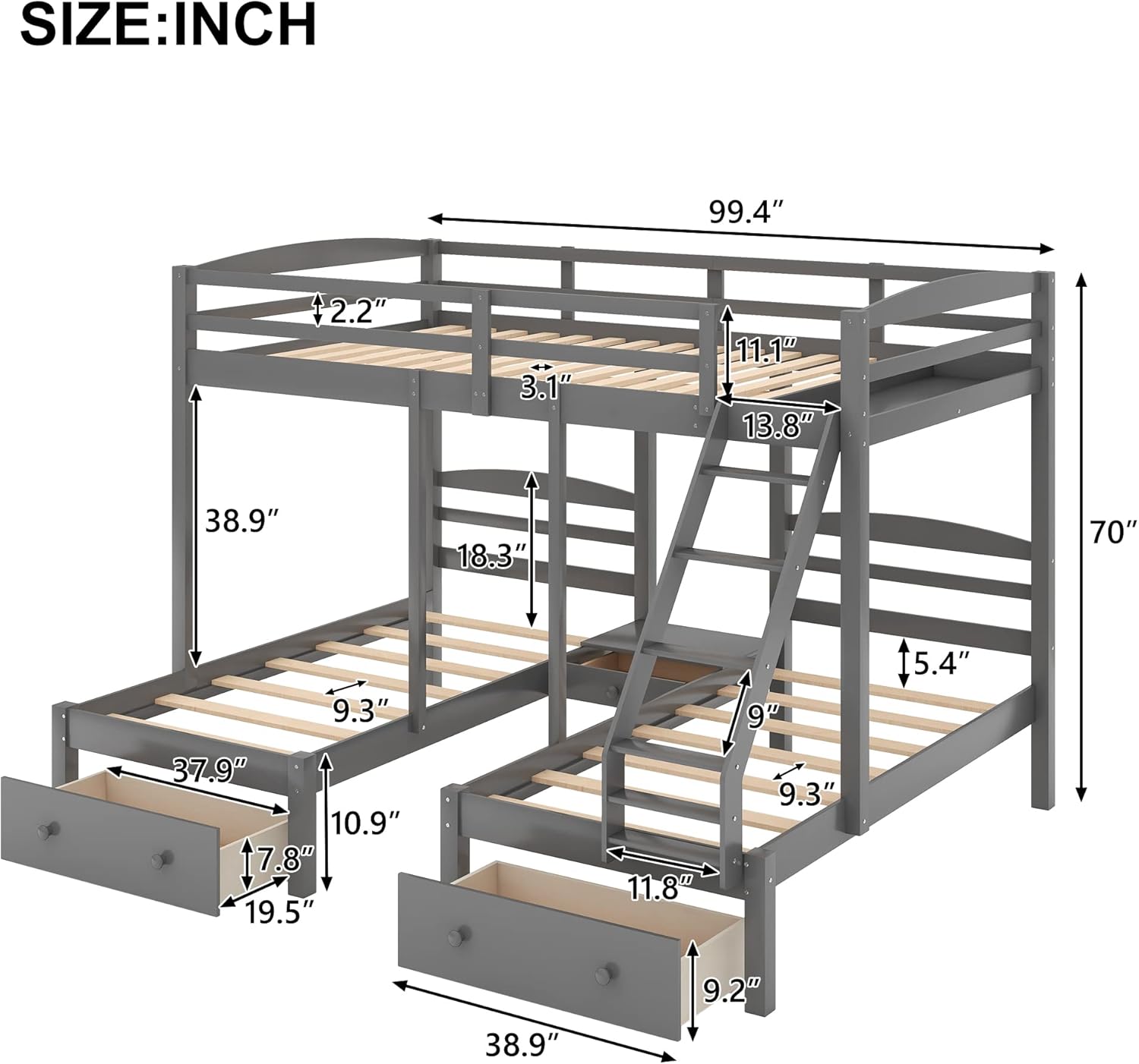 Harper & Bright Designs Full Over Twin Triple Bunk Bed with Storage Drawers,Full Over Twin & Twin Bunk Beds with Ladders,Solid Wood Bunk Bed Frame with Guardrails for Kids Teens Aldults(Grey)