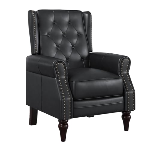 Lazy Boy Recliner Chair, Faux Leather Wingback Chair, Single Sofa Chair with Rivet Trim and Tufted Button, Club Chair with Wooden Legs, Pushback Arm Chair for Living Room Bedroom Club Cafe, Matt Brown