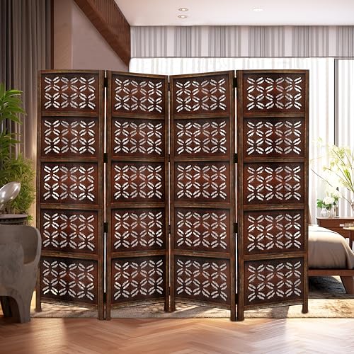 Room Divider Wood Screen - Ghanti Bells Antique Brown - 4 Panel Folding 72 x 80 - Assembled Hand Carved Decorative Functional Versatile Portable Partition Reversible Privacy Boho - COTTON CRAFT