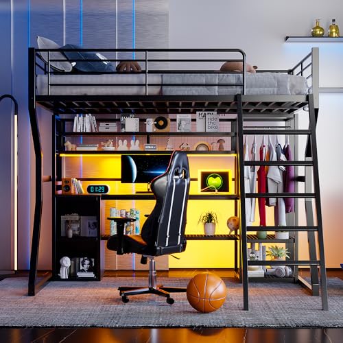 Bellemave Full Size Loft Bed with L-Shaped Desk, Full Metal Loft Bed with 6 Storage Shelves, LED Light, Charging Station, Loft Beds with Open Wardrobe, No Box Spring Needed Black