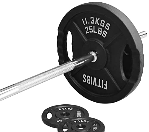 Cast Iron Standard Weight Plates Including 5FT Standard Barbell with Star Locks, 95-Pound Set (85 Pounds Plates + 10 Pounds Barbell), Multiple Styles