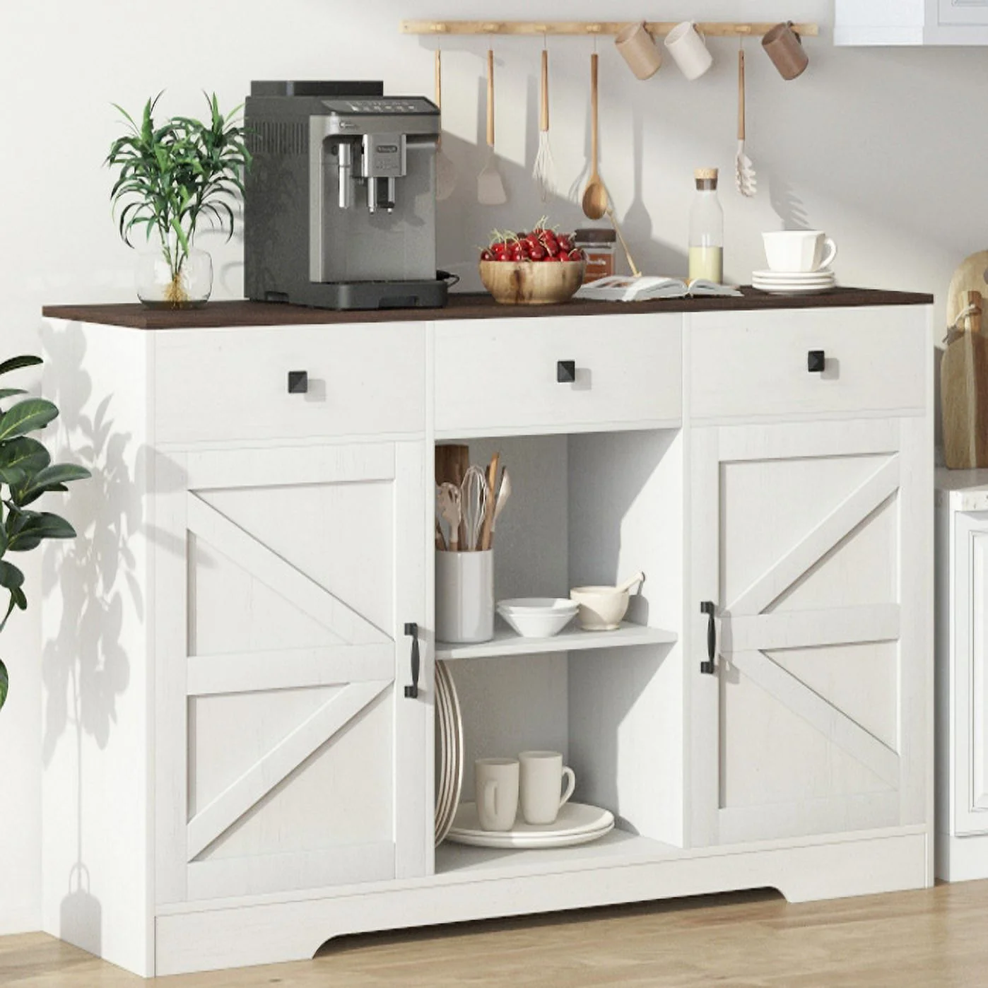 53" Modern Farmhouse Coffee Bar Cabinet with Power Outlet & 3 Drawers, Wood Kitchen Sideboard Buffet Cabinet with 2-Door Cabinet and Adjustable Shelves(White-53")