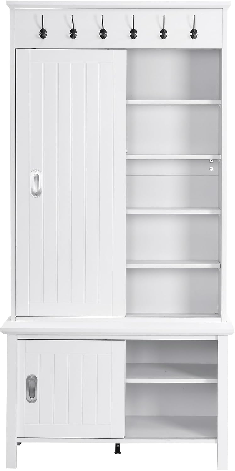 Modern Hall Tree with Bench and Shoe Storage Cabinet, Hallway Coat Rack with Sliding Doors & Adjustable Shelves for Entryway, Mudroom, Living Room, White