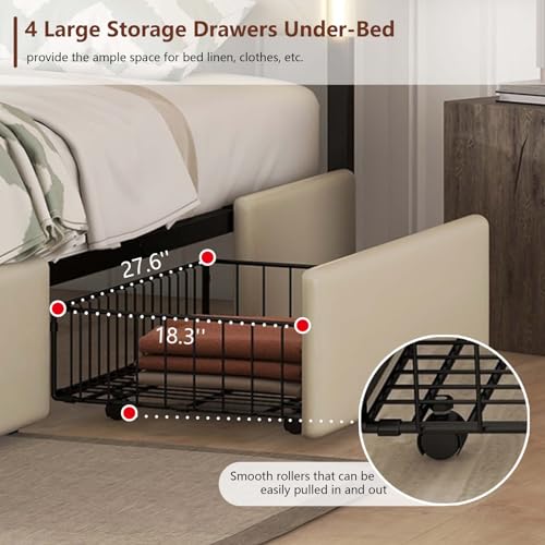 Queen Size Upholstered Bed Frame with 4 Storage Drawers, Button Tufted Adjustable Headboard PU Leather Platform Bed with LED Light, No Box Spring Needed (Black)