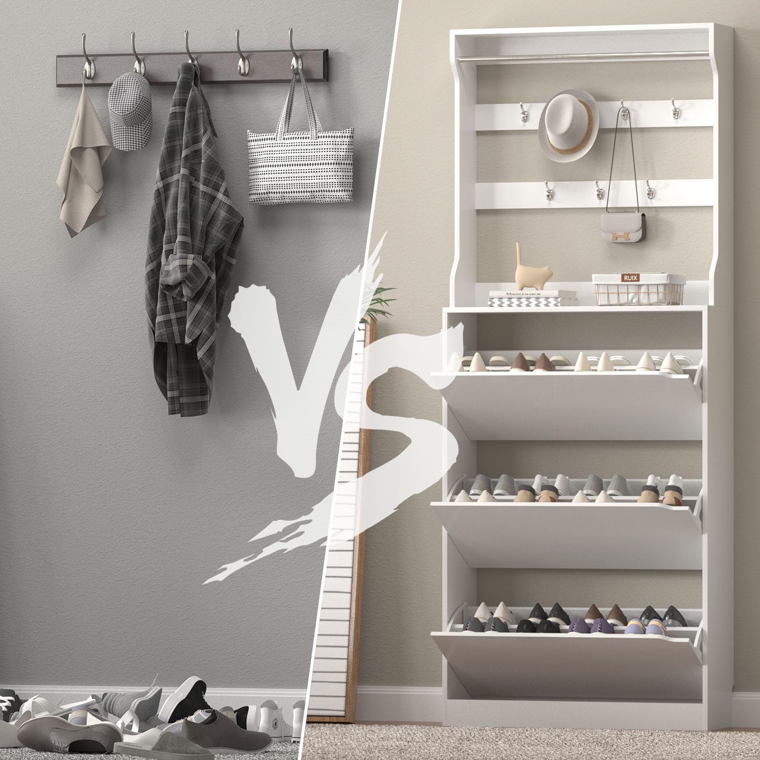 Shoe Cabinet Storage for Entryway, Shoe Storage Cabinet with 3 Flip Drawer, White Slim Freestanding Narrow Hidden Shoe Organizer Cabinet, Tall Wood Modern Shoe Cabinet with Coat Rack for Hallway White