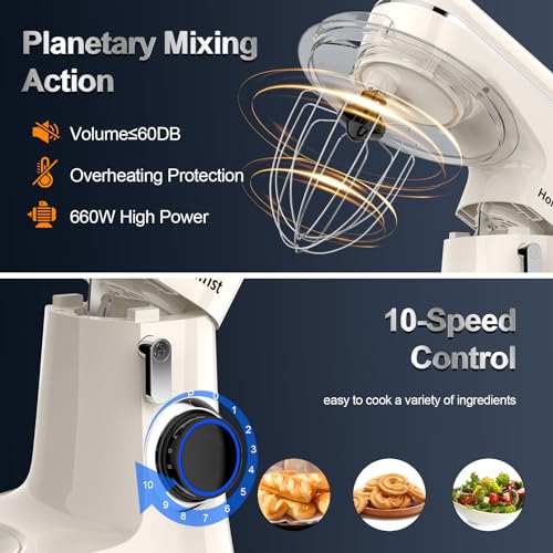Honinst Stand Mixer, 6.5QT 10-Speed 660W Tilt-Head Electric Stand Mixer, 3-In-1 Kitchen Mixer with Bowl, Dough Hook, Whisk and Beater, Food Mixer for Baking, Cake and Most Home Cooks