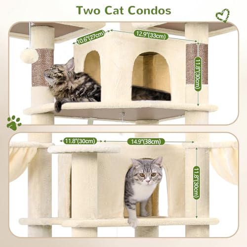 Globlazer Big Cat Tower for Indoor Cats, 80inch Cat Tower for Multiple Adult Cats XXL Cat Tree with Scratching Post, Hammock, 3 Perches, 2 Condos, 2 Hanging Basket, F80, Light Grey