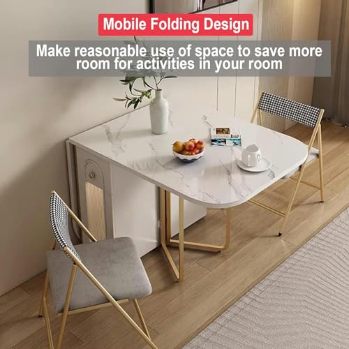 Folding Dining Table, Versatile Square Dinner Table with 4 Wheels and Storage Racks, Space Saving Kitchen, Luxury Slate Dining Room Table
