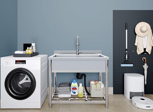 Stainless Steel Large Utility Sink Single Bowl, Freestanding Laundry Sink with Pull-Out Faucet, Utility Sink for Laundry Room, Garage, Kitchen, Outdoor/Indoor Use, W35.4" x D22.4" x H37"