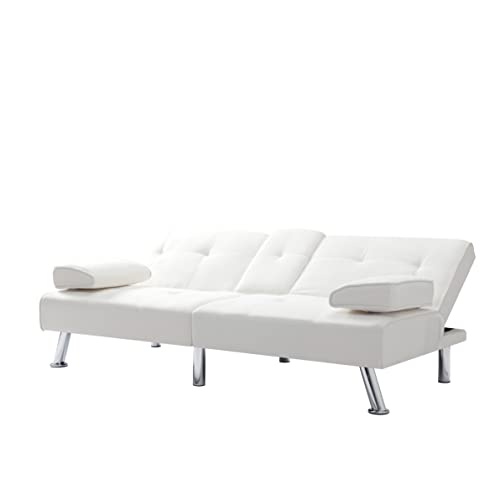 Synthetic Leather Cushion Modern Convertible futon, Adjustable Folding Sofa Bed, Guest Room Bed with Detachable armrests, Two Cup Holders, Metal Legs (Polyester Blend, Beige)