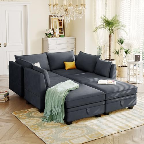 Elegant 2 Piece Large L-Shape Modular Sectional Sofa with Two Pillows,for Living Room Office Apartment Bedroom Salon (Beige#Chenille-)