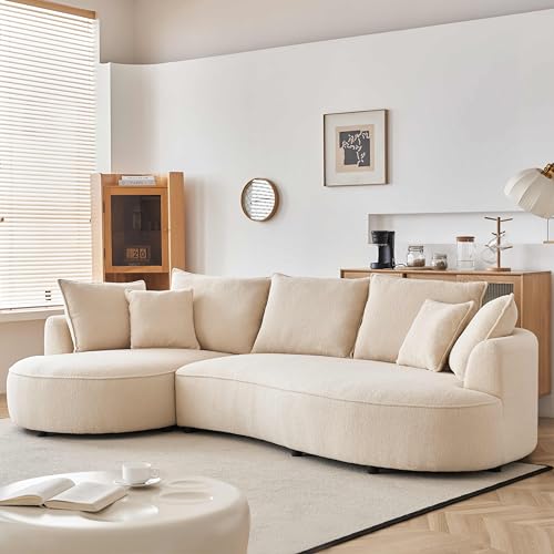 122.8" Curved Sofa Modern Curved Couch Living Room Modular Sectional Sofa, Mid Century Upholstered Couch Sherpa Boucle Fabric Sofa (Beige + Wood, 122.8" Curved Sofa)