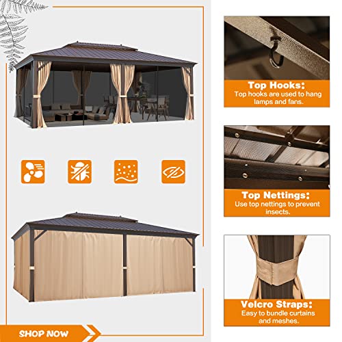 MELLCOM 12'x16' Hardtop Gazebo, Galvanized Steel Metal Double Roof Canopy with Curtains and Netting, Brown Permanent Pavilion Gazebos with Aluminum Frame for Garden, Patio, Lawns, Deck