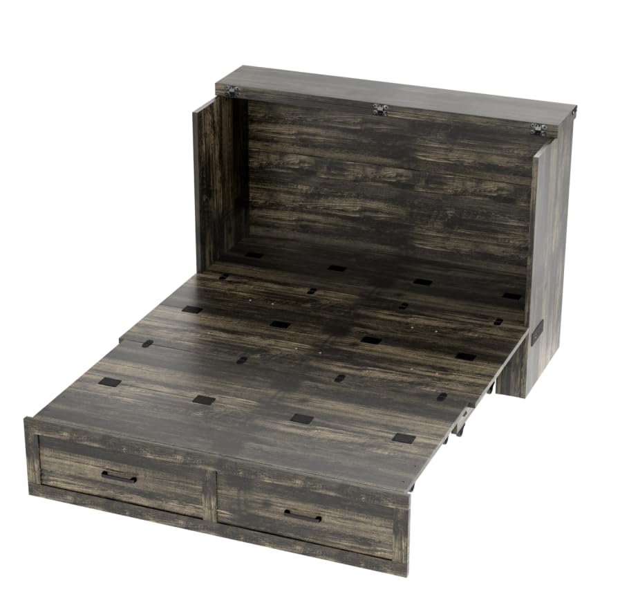 Bellemave Queen Murphy Bed, Cabinet Bed with Charging Station and Storage, Farmhouse Murphy Cabinet with Foldable Panel, Noisy Free, for Guest Bedroom, Living Room, Office, Rustic Gray