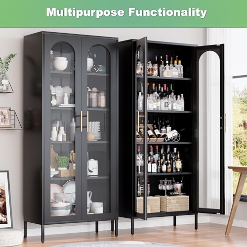 Metal Storage Cabinet, 71" Tall Black Display Curio Glass Storage Cabinet with Glass Doors and 4 Shelves, Storage Cabinet for Kitchen Pantry,Home Office, Living Room (71" Tall Cabinet)