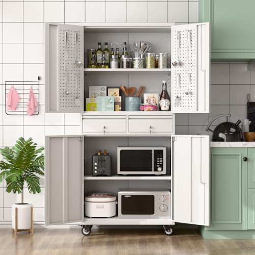 73" H Metal Storage Cabinet with Wheels, Garage Storage Cabinet with 4 Adjustable Shelves and Lockable Doors for Garage Home Office Utility Room,Required Assembly,Black