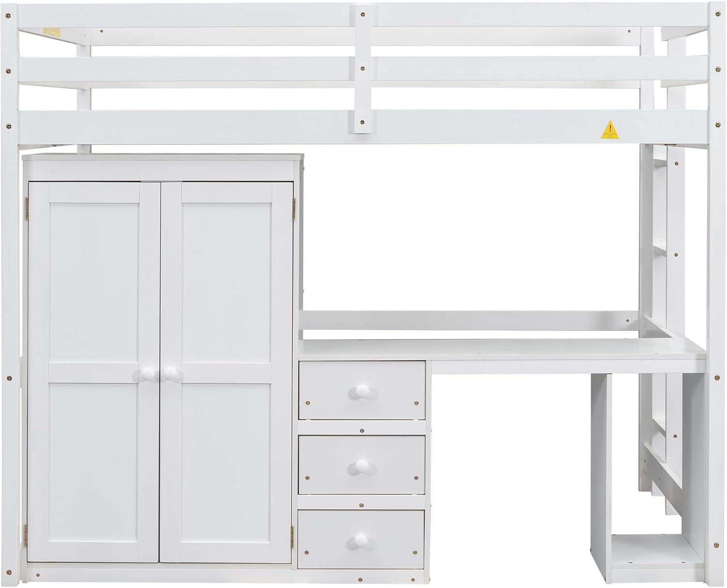 Full Size Loft Bed with Desk & 3 Storage Drawers & Wardrobe Design for Kids Bedroom,Solid Wood Bedframe w/Ladder & Safety Guardrails,No Box Spring Needed & Super Save Space, White