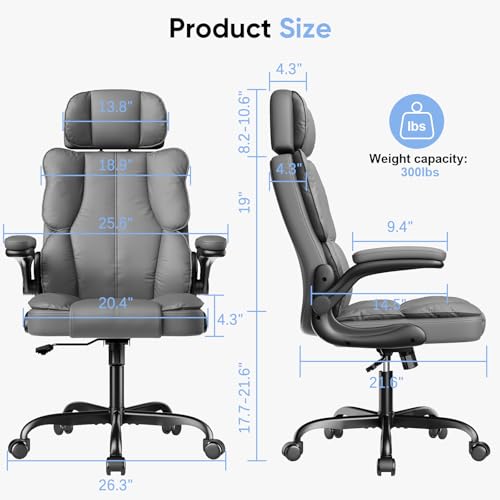 Executive Leather Office Chair, Computer Chair with Thick Cushion & Lumbar Support, Ergonomic Desk Chair with Adjustable Headrest & Armrests,Black