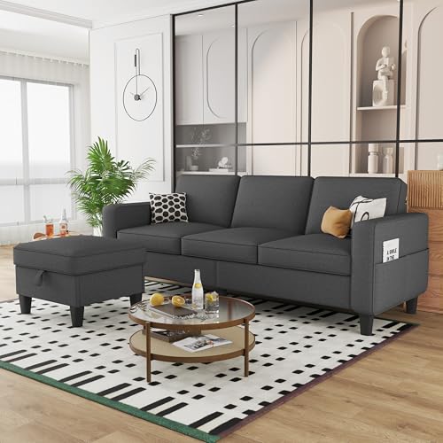 Convertible Sectional Sofa Couch, Beige 3 Seat L-Shaped Sectional Sofa with Storage Ottoman and Pockets, Modern Linen Fabric Upholstered Sofa Furniture Set for Living Room Small Space Bedroom
