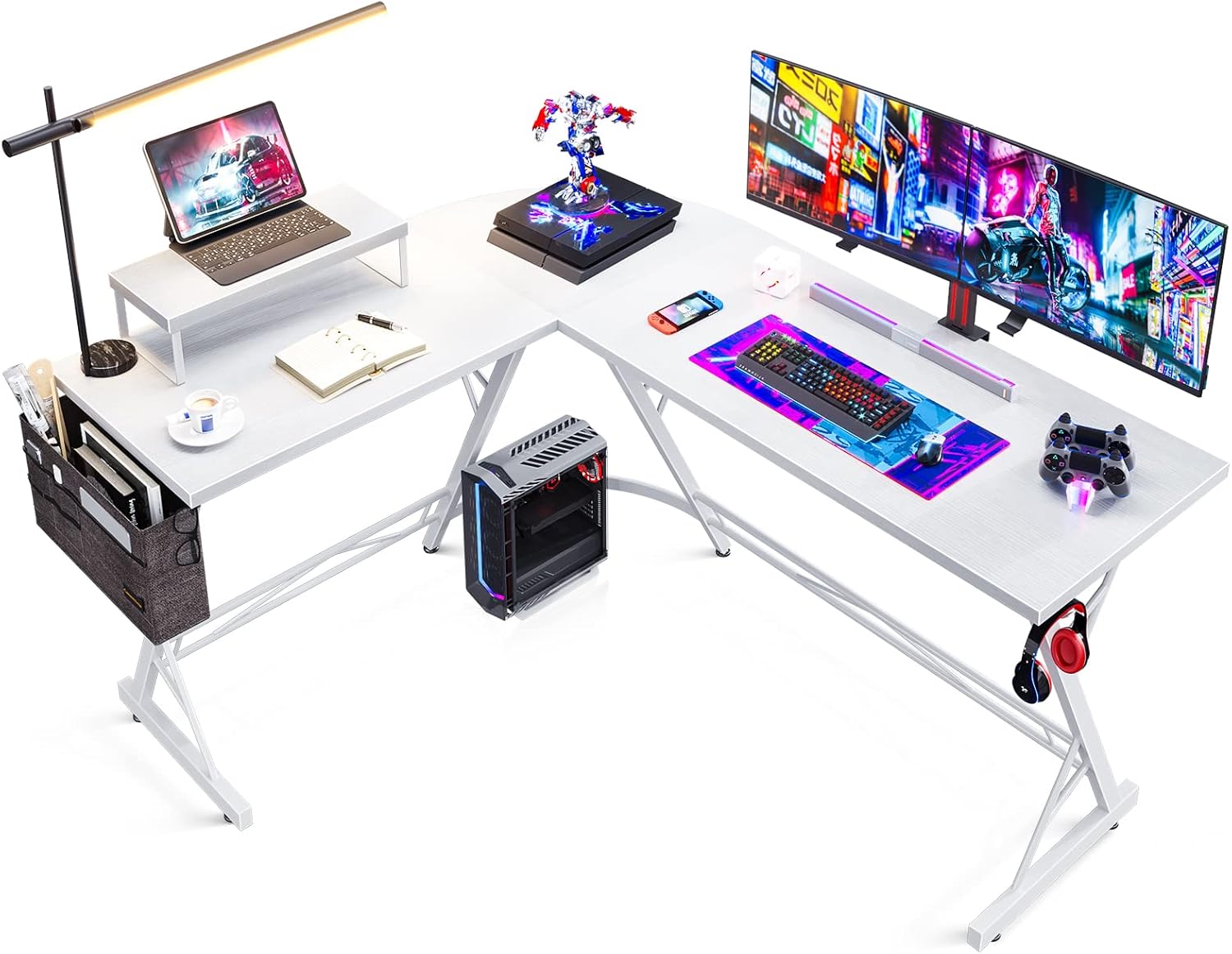 L Shaped Gaming Desk, 58" Home Office Desk with Round Corner, Computer Desk with Large Monitor Stand Desk Workstation