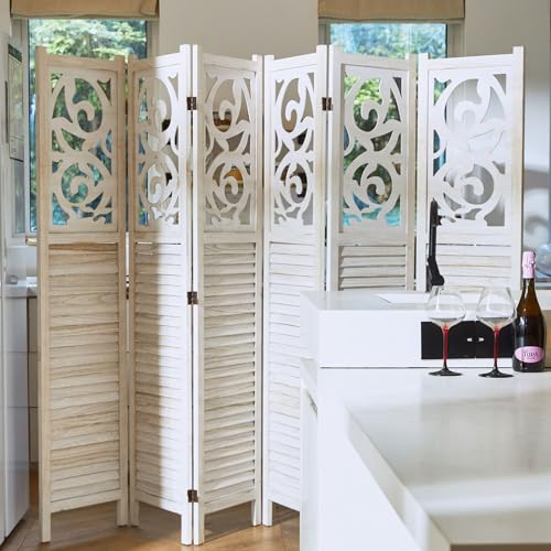 Folding Room Divider, 5.6Ft 6 Panels Wood Carved Privacy Screens, Free Assembled Freestanding Portable Reversible Functional Decorative Partition for Home Office Bedroom (White-Washed)