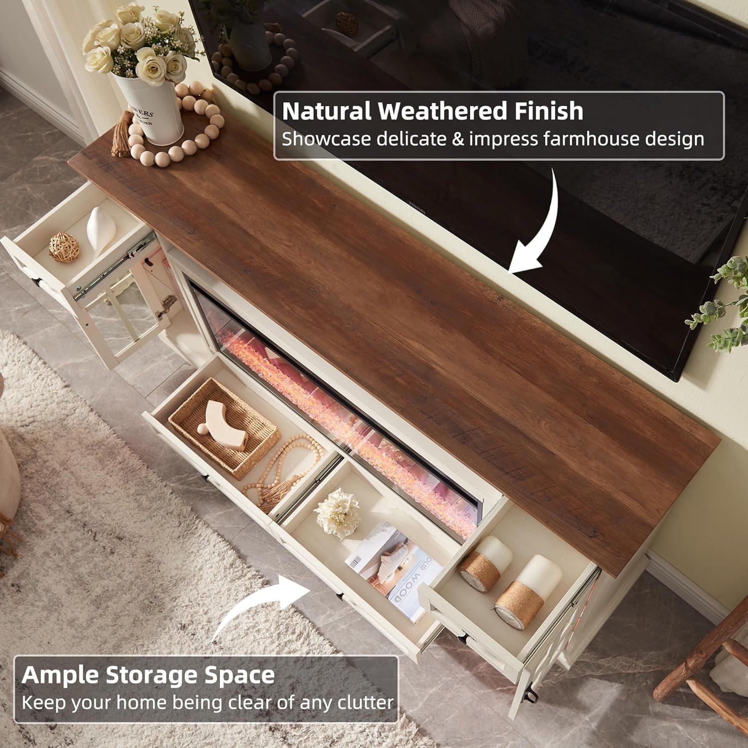 Fireplace TV Stand for 80 Inch TV, Farmhouse Entertainment Center with 42" Fireplace & LED Lights, Modern Media Console Table with Storage Drawers & Cabinets for Living Room, Antique White