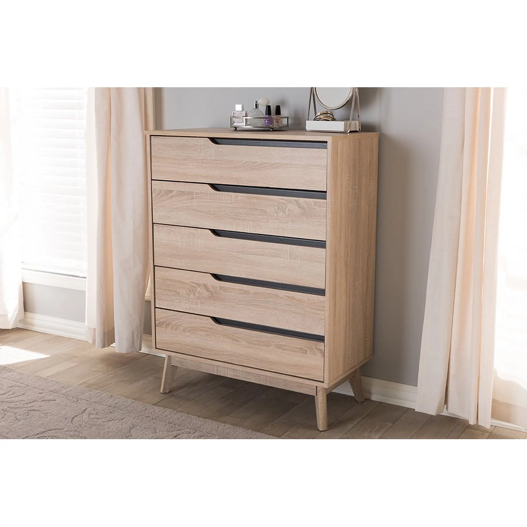 Baxton Studio Fella Mid-Century Modern Two-Tone Oak and Grey Wood 5-Drawer Chest