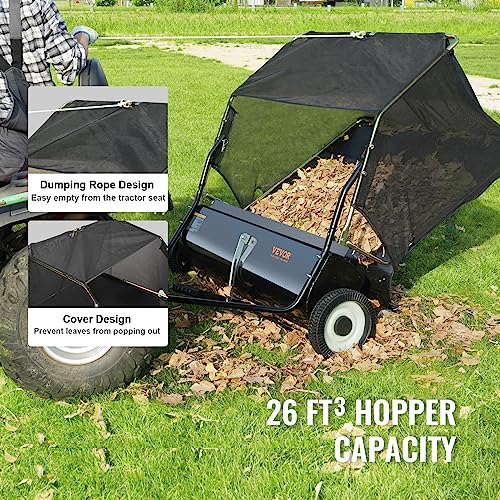 VEVOR Tow Behind Lawn Sweeper 44 Inch, 25 cu. ft Large Capacity Heavy Duty Leaf & Grass Collector with Adjustable Sweeping Height, Dumping Rope Design for Picking Up Debris and Grass