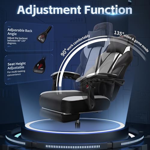 Gaming Chairs for Adults, Computer Chair with Footrest and Ergonomic High Back, Big and Tall Gamer Chairs with Massage Lumbar Support, 360° Swivel Height Adjustable, Blue