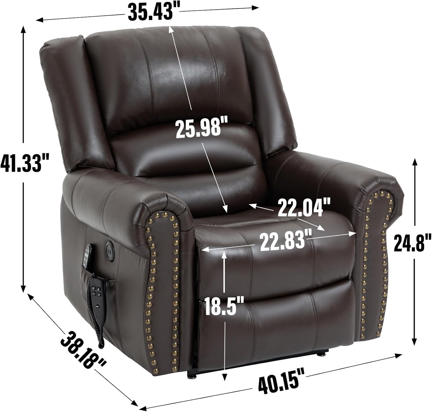 Power Lift Recliner Chair Heat Massage Dual Motor Infinite Position Up to 350 LBS, Genuine Leather, Heavy Duty Motion Mechanism with USB Ports, Brown