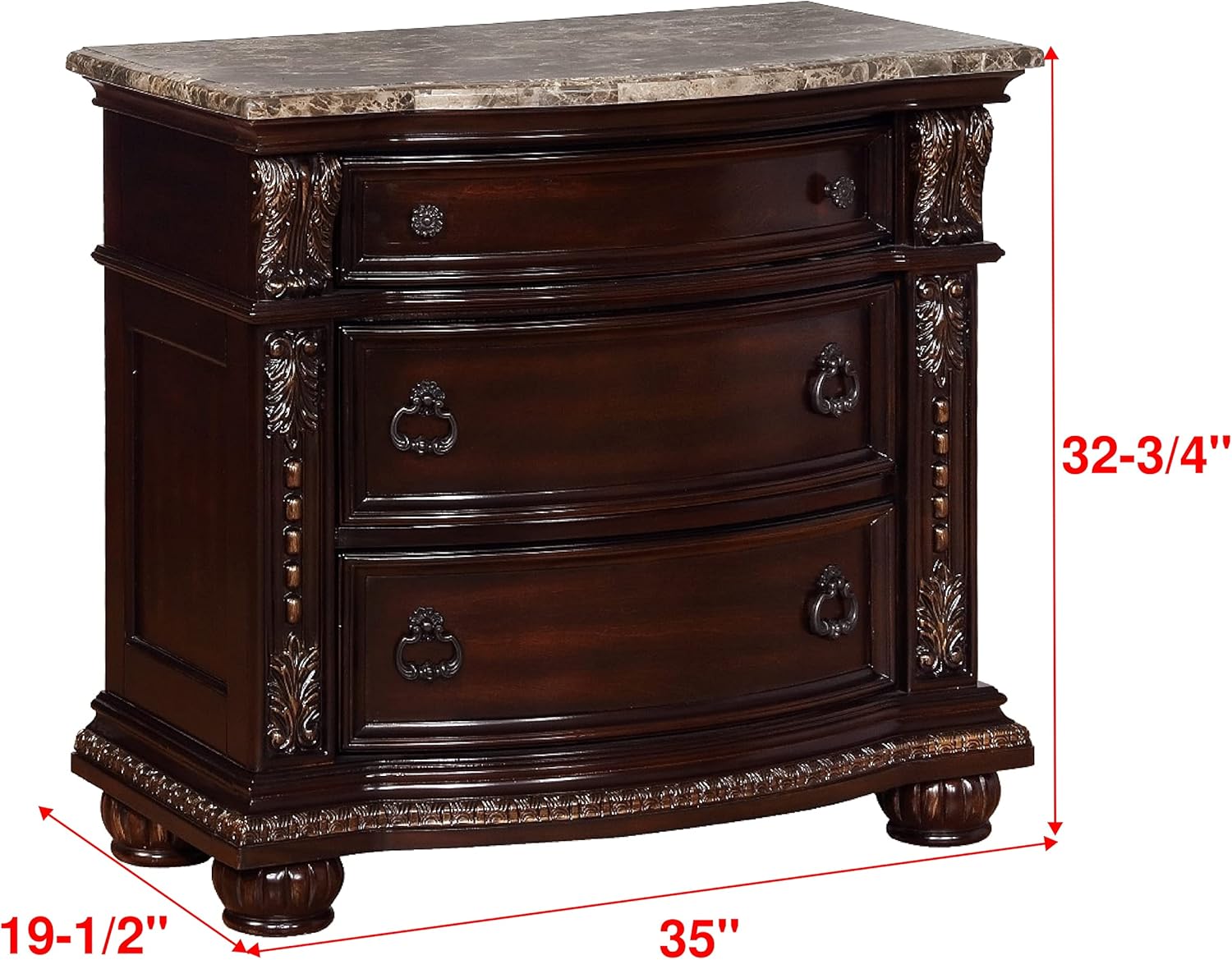 1Pc Traditional Style End Table 3-Drawer Nightstand with Marble Top Rich Brown Cherry Finish Solid Wood Wooden Bedroom