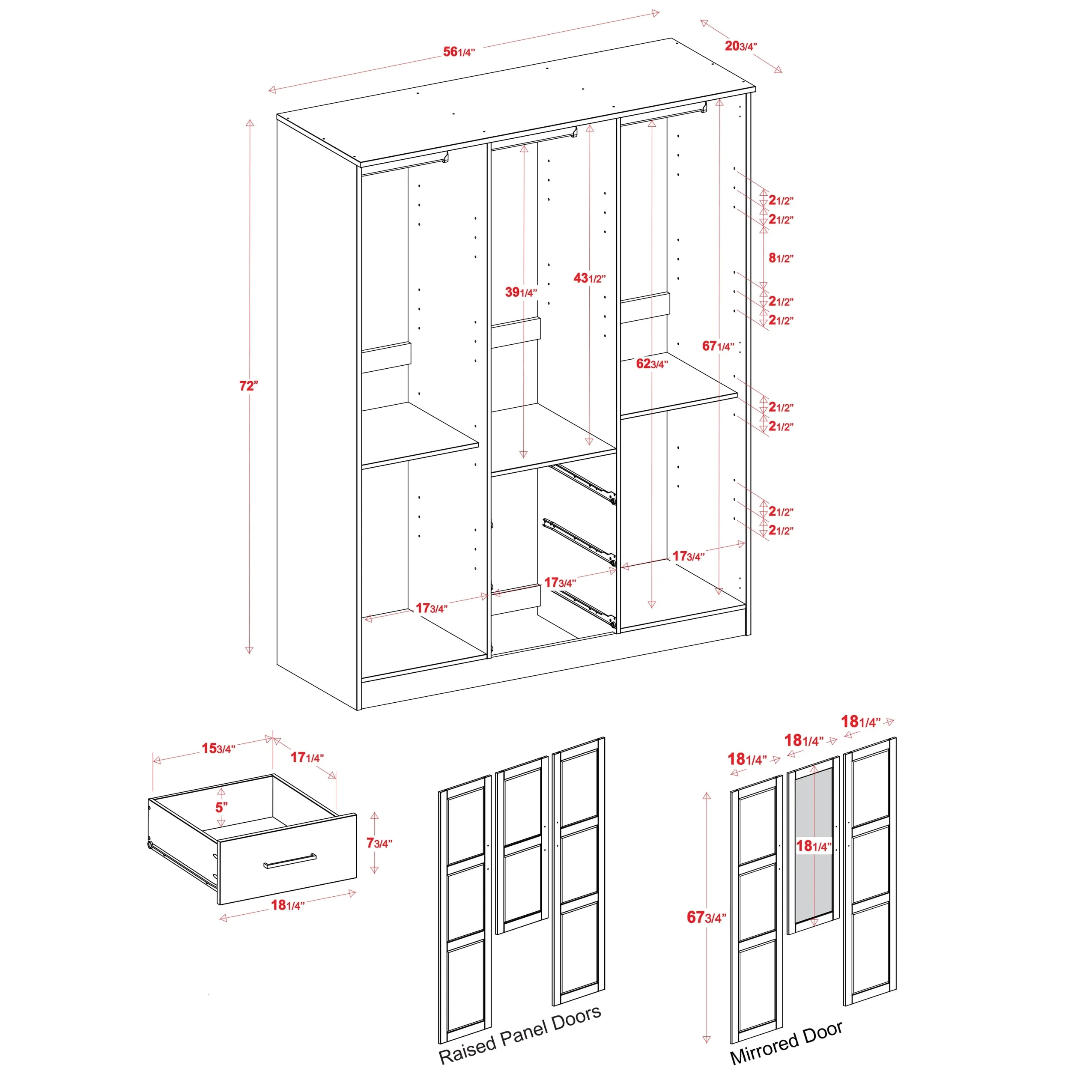 Palace Imports, Inc. Palace Imports 100% Solid Wood Cosmo 3-Door Wardrobe Armoire with Solid Wood or Mirrored Doors Grey-Raised Panel