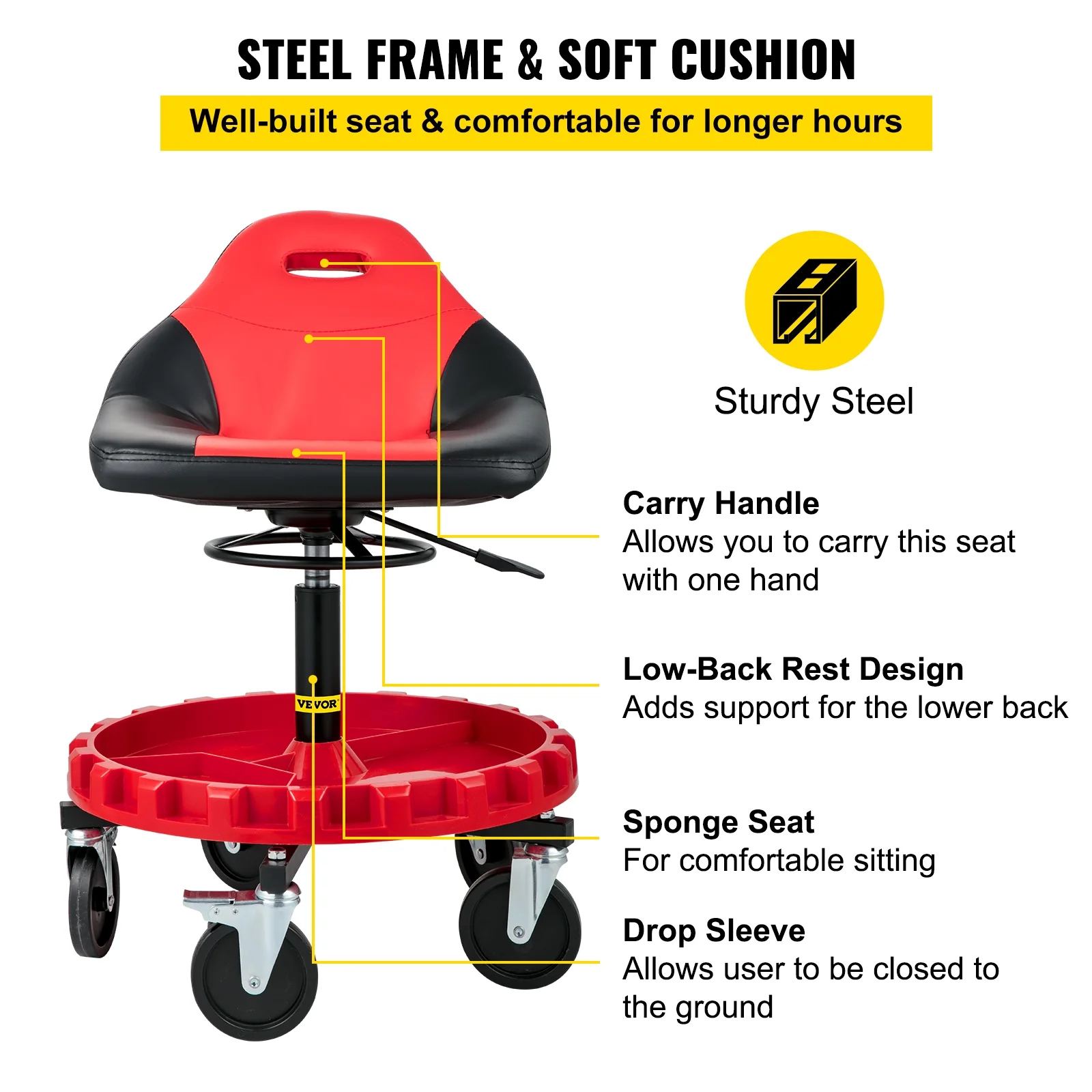 VEVOR Rolling Garage Stool, 300lbs Capacity, Adjustable Height from 21 in to 26 in, Mechanic Seat with 360-degree Swivel Wheels and Tool Tray, for Workshop, Auto Repair Shop, Red