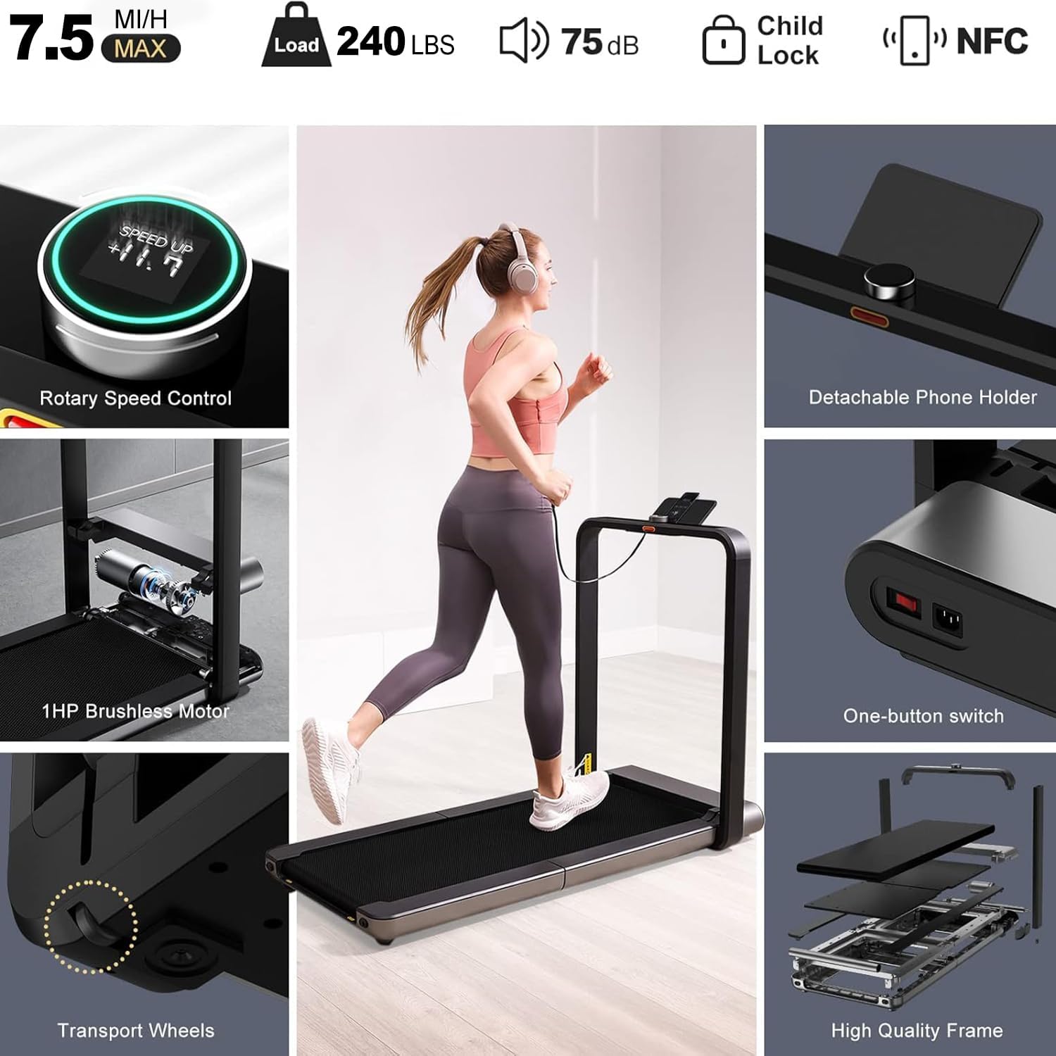 WALKINGPAD X21 Foldable Treadmill Smart Double Folding Walking Pad and Running Machine Fitness Exercise Gym Alternative 1.0-7.5MPH Support NFC LED Display Black