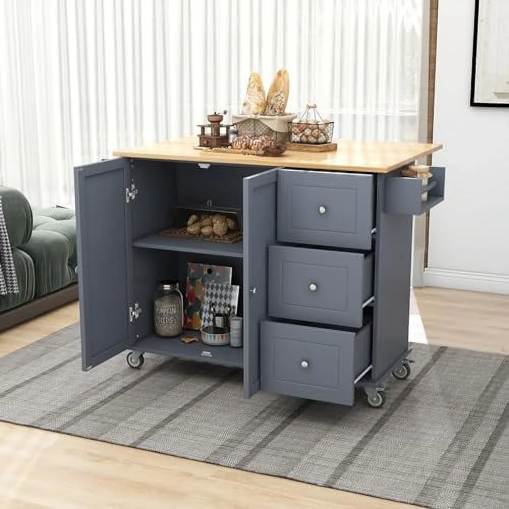Rolling Kitchen Island Cart on Wheels with Drop Leaf and 3 Drawers  Mobile Portable Kitchen Island Table with  Cabinet  Towel and Spice Rack  for Living Room Dinning Room (Black) - Curated Treasures Market