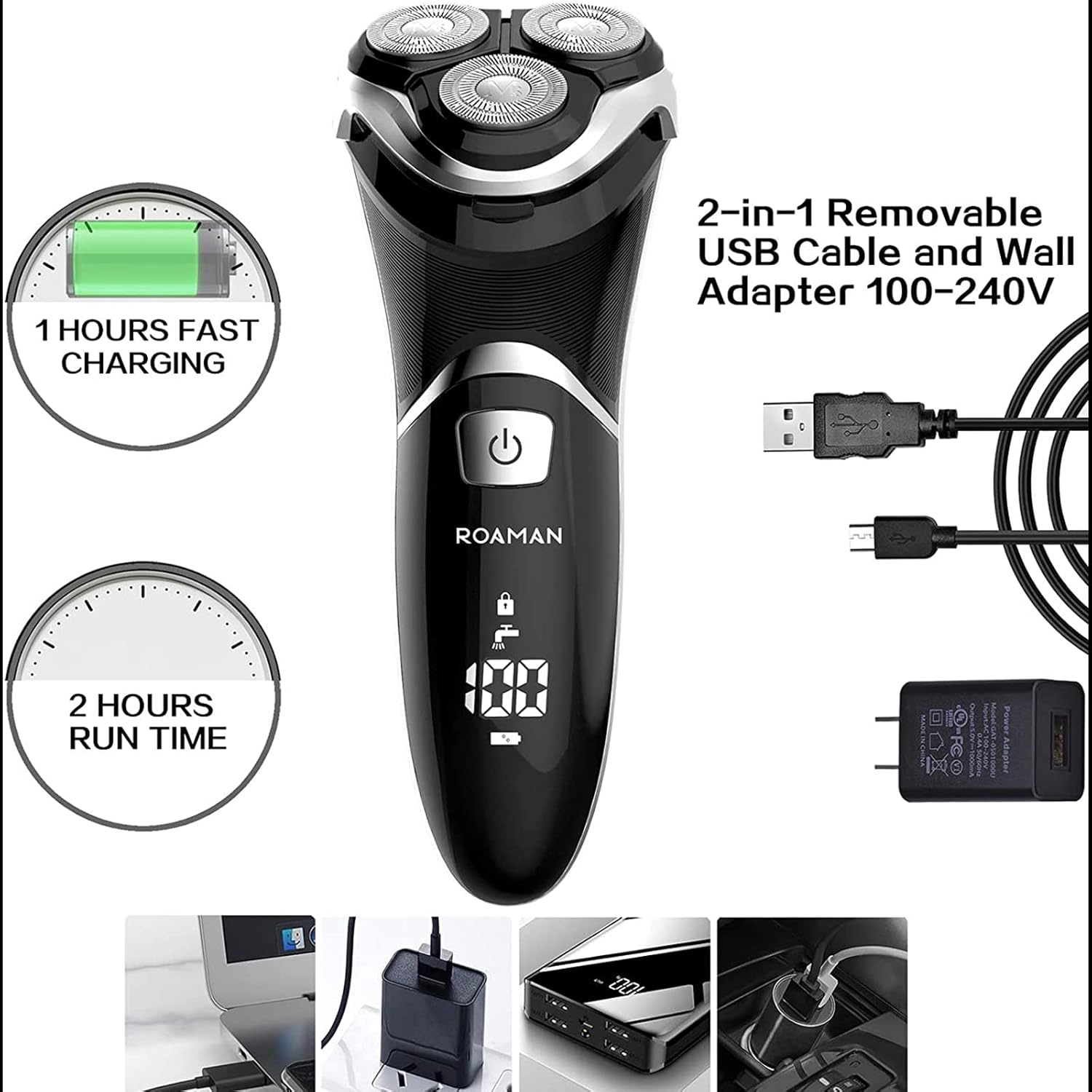 Men Electric Razor, ROAMAN Rechargeable Corded and Cordless Electric Shaver for Men with Pop-up Trimmer, Wet Dry IPX7 Waterproof,Wall Adapter 100-240v Pack of 2