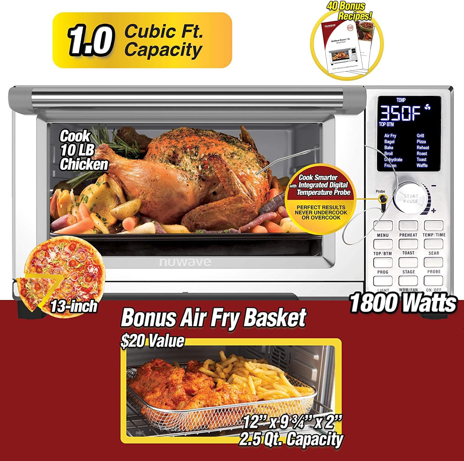 NUWAVE Bravo Air Fryer Toaster Smart Oven, 12-in-1 Countertop Convection, 30-QT XL Capacity, Integrated Temperature Probe for Perfect Results, Heavy Duty Racks with Load of Over 30 Pounds, 50°-500°F Temperature Controls, Top and Bottom Heater Adjustm