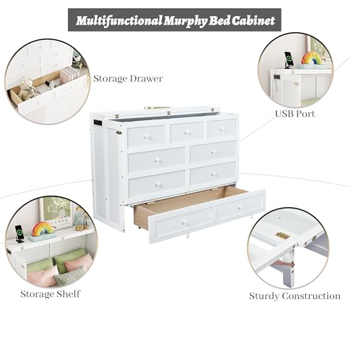 Queen Murphy Bed Cabinet, Murphy Bed Queen with Storage Drawer & Charging Station, USB Port, Solid Pine Wall Beds for Home Office, Studio or Guest Room, White
