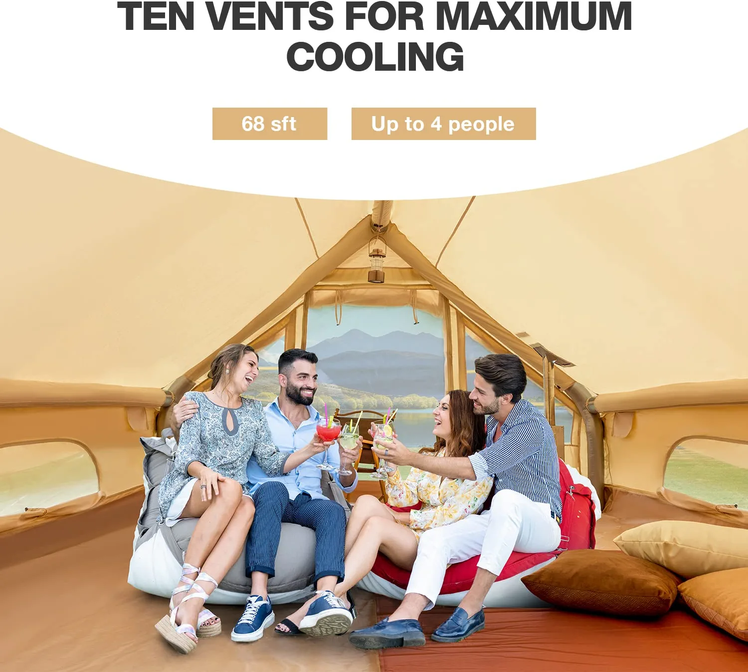 Richryce Inflatable Camping Tent with Pump, 129 SFT Cabin Tent, 4-6 Person Glamping Tents, Waterproof Windproof Outdoor Cotton Tent with Carrying Bag